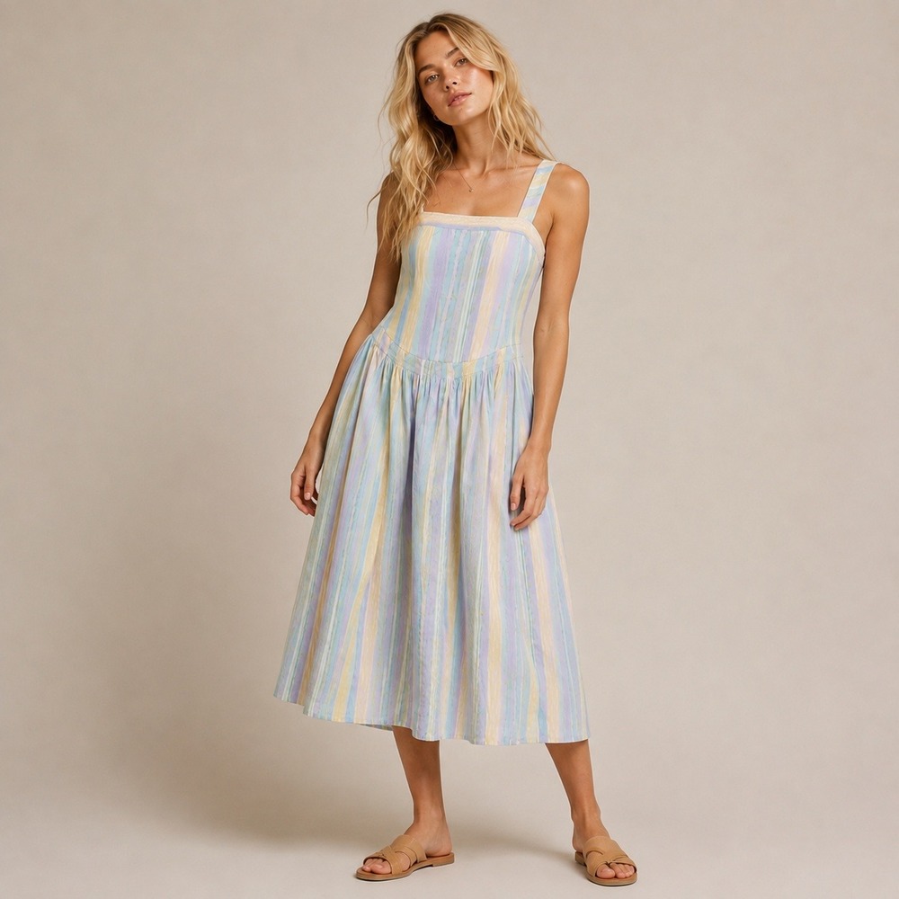 Free People Square Neck Drop Waist Striped Pastel Midi Dress NWT Sz S
